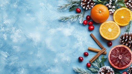 Frosty winter food banner with cranberries, oranges, and festive copy space