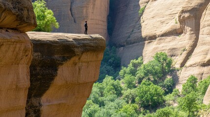 Wall Mural - A man standing on a cliff looking out over the valley, AI