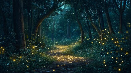 Wall Mural - a winding path through a dark forest at night lit by fireflies.