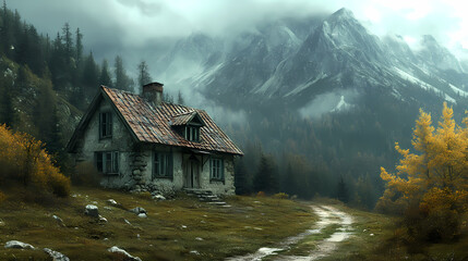 An old house in natural view.big mountain.An isolated mountain hut in the foggy forest.