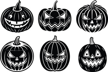 Black Halloween pumpkin collection, vector illustration on white background.