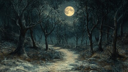 Wall Mural - a winding path through a dark forest under a full moon.