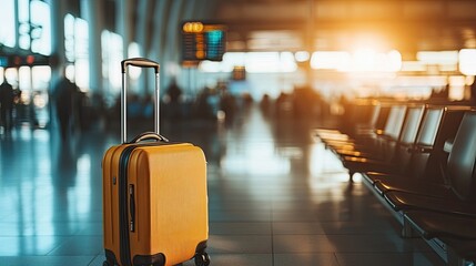 Yellow suitcase in airport terminal. Great for travel, vacation, or holiday themes.