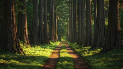 Wall Mural - a winding path through a dense forest of towering trees.