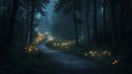 Wall Mural - a winding path through a dense forest, illuminated by a string of glowing fireflies.