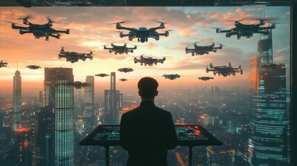 Poster - A skilled drone pilot controls a large swarm of sleek drones using a touchpad in a high-tech control center during sunset. Generative AI