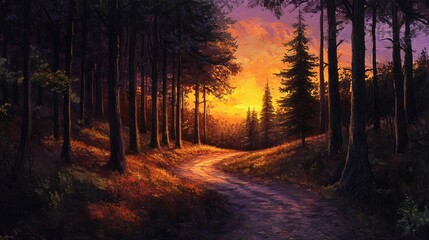 Wall Mural - a winding path through a forest at sunset, with tall trees and a warm, colorful sky.