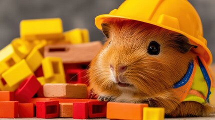 Sticker - A guinea pig wearing a hard hat and surrounded by blocks, AI