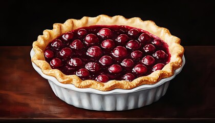 Cherry pie in a white dish on a wooden surface