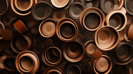 Canvas Print - Overlapping coffee cup rings form a striking abstract pattern in varying shades of brown, showcasing an organic and dynamic design. Generative AI