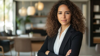 Confident young Hispanic woman with curly hair, wearing a dark blazer and white blouse, standing in an open office space with modern furniture and décor. Glass office, corporate investor relations ceo