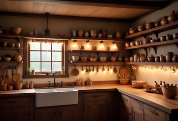 A cozy and rustic kitchen interior with wooden shelves, various cooking utensils and dishes, and a warm lighting setup