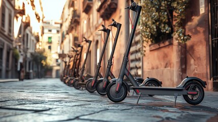 Electric push scooters parked on the city sidewalk. Eco-friendly transportation concept