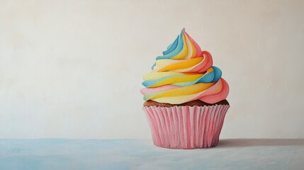 Poster - A Single Cupcake with Multicolored Swirled Frosting