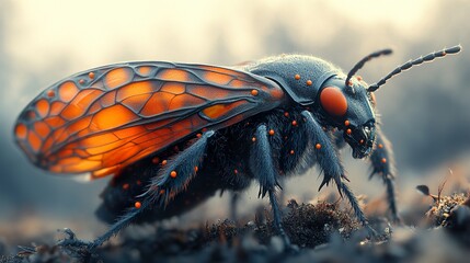 Sticker - Close-Up of a Black and Orange Insect with Detailed Wings