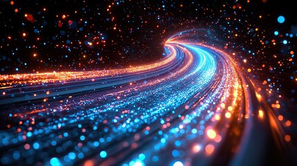 A futuristic illustration of high-speed light in cyberspace, symbolizing the information technology network of data centers.