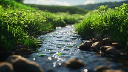 Sticker - bubbling brook winding through a meadow, set against a green screen