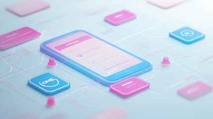 UX/UI flowchart. Node-graphic design. Creative planning. Application process. Development data prototype. Wireframe for web/mobile. Icon phone. User experience concept. 3D rendering. 