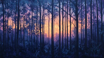 Wall Mural - abstract oil painting of a forest silhouette with a pink and orange sunset through the trees.
