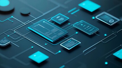 UX/UI flowchart. Node-graphic design. Creative planning. Application process. Development data prototype. Wireframe for web/mobile. Icon phone. User experience concept. 3D rendering. 