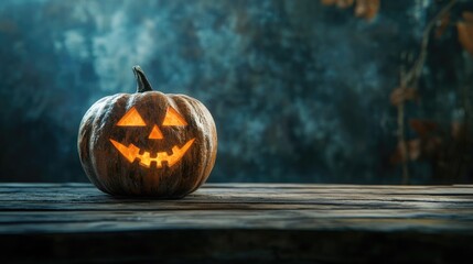 Wall Mural - Halloween Pumpkin on wooden table with dark spooky background