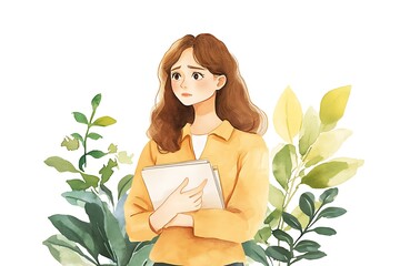 Wall Mural - Worried Woman Holding Books Surrounded by Green Leaves.