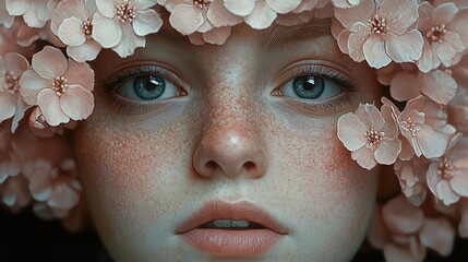 Wall Mural - Close-Up Portrait of a Woman with Pink Flowers