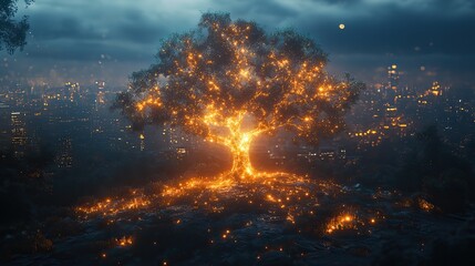 Wall Mural - a glowing tree grows among cityscapes, representing digital technology in a studio setting.