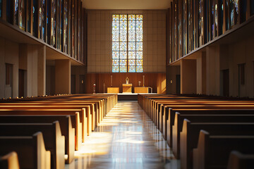 Canvas Print - Tranquil Synagogue Aisle Lit by Stained Glass During Yom Kippur  