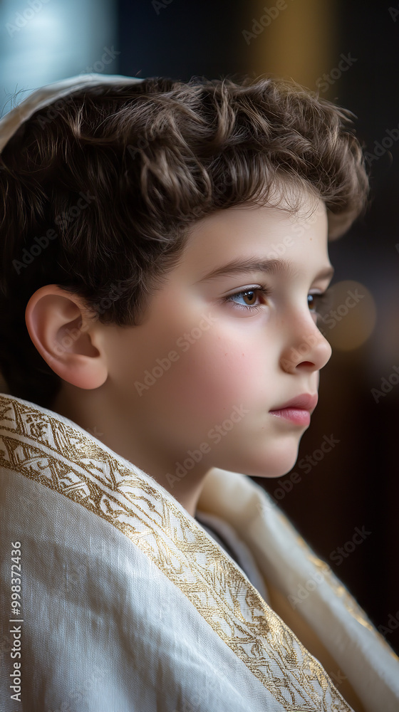 Young Boy in Prayer Shawl Reflecting During Yom Kippur Service Stock ...