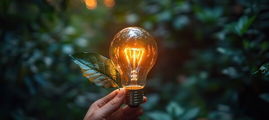 A hand holding a light bulb against a green leaf, symbolizing sustainable development, environmental responsibility, and renewable energy sources in business.