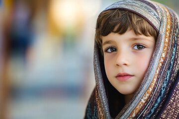 Canvas Print - Young Boy in Prayer Shawl Reflecting During Yom Kippur Service  