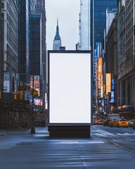 a New York street pavement advertising board, we see the advertising board front, straight on, the board is blank white, color cinematic.