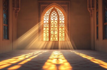 A realistic photograph of an Islamic geometric window with light shining through, casting intricate patterns on the floor below