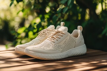 A pair of stylish, breathable sneakers displayed on a wooden surface in a natural setting.