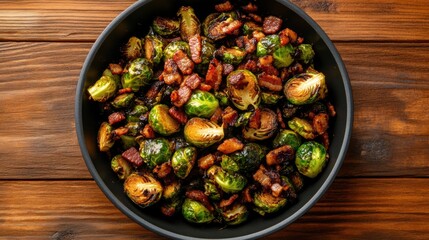 Canvas Print - Roasted sprouts with crispy bacon in pan