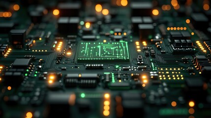 A high-tech green circuit board symbolizes modern technological advancements.