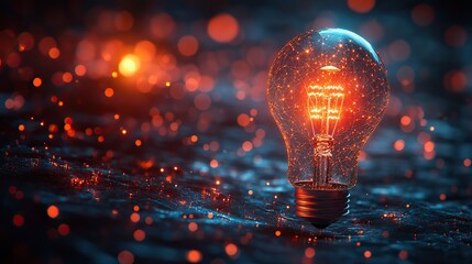 A holographic light bulb illustration in a low-polygon style on a dark background, representing innovation technology in AI.