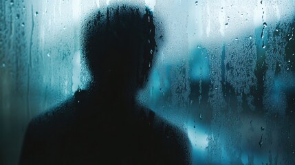 Aufkleber - A lone person stands by a rain-covered window, lost in thought as raindrops cascade down the glass, creating a melancholic atmosphere. Generative AI