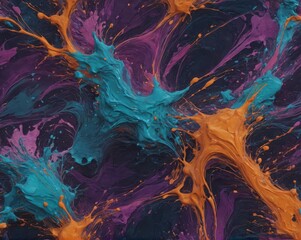 Wall Mural - A painting of splattered paint with a blue and orange swirl