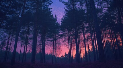 Wall Mural - dark silhouettes of pine trees in front of a purple and pink sunrise sky.