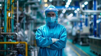 Wall Mural - A man in a blue lab coat and a mask stands in a factory