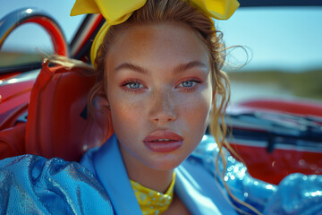 Wall Mural - A woman with blue eyes and freckles wearing a yellow headscarf sits in a red convertible, gazing intensely at the camera. Playful and nostalgic fashion editorial with bright, youthful energy.