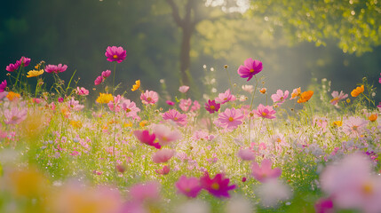 Beautiful abstract macro of pink and red flowers blooming in a colorful spring garden