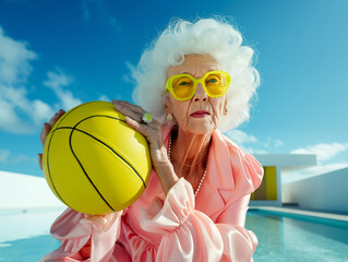 Wall Mural - An elderly woman dressed in pink with yellow glasses, holding a yellow basketball by the poolside. A fusion of elegance, bold color, and fun in a high-fashion editorial with a summer vibe.