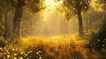 Wall Mural - golden sunlight beams through trees, illuminating a field of wildflowers with fallen leaves.
