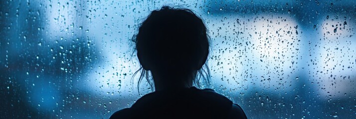Aufkleber - Raindrops trickle down the glass as a solitary figure contemplates emotions during a quiet, introspective evening. Generative AI