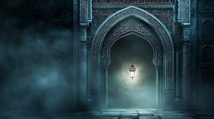 An Islamic Ramadan background with an open lantern illuminating the dark room, creating light rays that subtly form into arabesque patterns on the archway and door frame