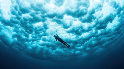 Canvas Print - A person is swimming in a large cloud of water, AI