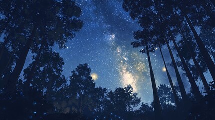 Wall Mural - looking up at the night sky, the milky way shining bright, through the tall trees of a dark forest.